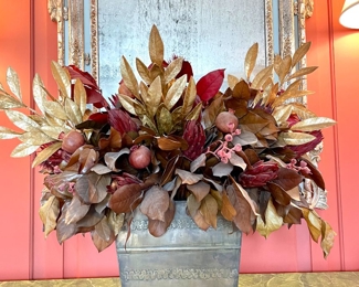 $200; 30" x 17" x 24"; dried floral arrangement with pomegrantes and gold dusted leaves