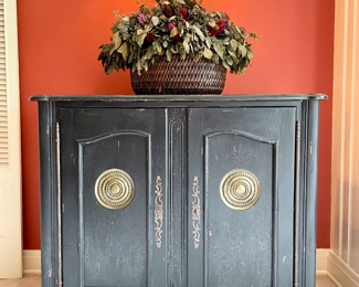 $1800; 44" x 26" x 40"; hand-made black and gold distressed buffet with extra-deep shelves and unique hinges, medallions and handle details                                              $200; 26" x 21" x 18"; large, dried floral basket