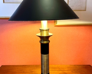 SOLD; 17"d x 29"; black and brass ringed table lamp by Chapman with flat finial. Dated 1991. 
