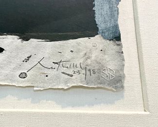 SOLD: 48.75" x 27"; "Elegy Black Black" by Robert Motherwell lithograph print numbered 23/98 (close up view of artist's signature) Pricing available with conversation at 314-479-0730.