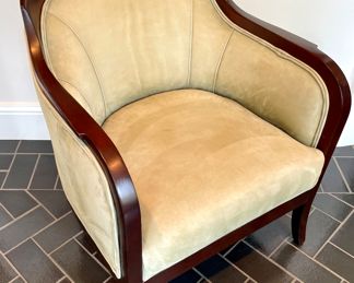 SOLD each (4 available); 26" x 29" x 30"; Bernhardt Contemporary suede barrel conversation chair. Color is a light sage. 