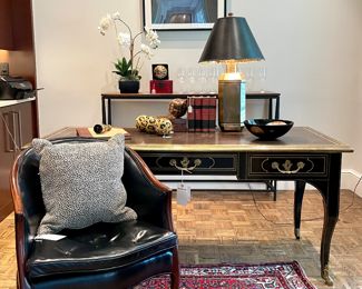 $2800; 66" x 29.5" x 31"; brass bound leather top Louis XV style bureau plat Baker Collector's Edition desk with brass hooved feet. (There is wear on the top leather.) 