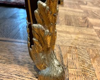 $2800; 66" x 29.5" x 31"; brass bound leather top Louis XV style bureau plat Baker Collector's Edition desk with brass hooved feet--spectacular (view of hooved feet)