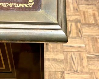 $2800; 66" x 29.5" x 31"; brass bound leather top Louis XV style bureau plat Baker Collector's Edition desk with brass hooved feet--spectacular (view of brass edging)
