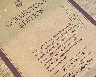 $2800; 66" x 29.5" x 31"; brass bound leather top Louis XV style bureau plat Baker Collector's Edition desk with brass hooved feet--spectacular (view of original manufacturer's sticker)