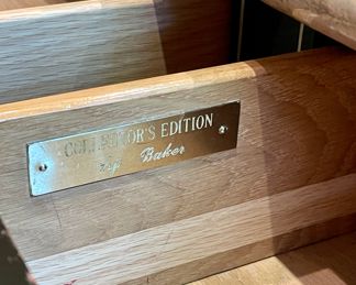 $2800; 66" x 29.5" x 31"; brass bound leather top Louis XV style bureau plat Baker Collector's Edition desk with brass hooved feet--spectacular (view of Baker Furnishing emblem)