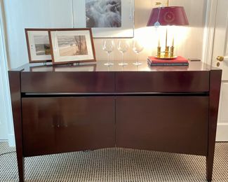 SOLD: 60" x 20" x 36"; buffet with two full-extension drawers and 2 doors                                                                                               $150; 22" x 26"; framed Elaine Blatt photography (hanging on wall)                                                                                                                                         $250; 14" x 22"; brass Bouillote French electric table lamp with metal shade and tole "N" painted in the wreath                                                                                                                            $50 each (three available); 15" x 12"; original, framed photograph by unknown                                                                                                                                $36; set of six red wine glasses