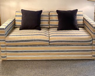 $1500; 68" x 34" x 25"; Vintage, custom-upholstered taupe, ivory and black striped sleeper sofa . Dated 1985 and YEARS of life left. $50 pair; 15" x 15"; pair of black, sueded, down filled throw pillows