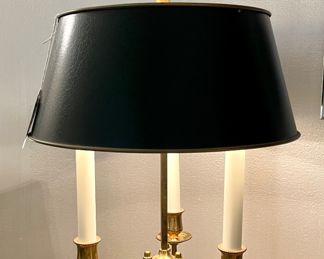 SOLD; 13.5" x 26.5"; brass tole Bouillote French 3 arm table lamp with arrow finial. 