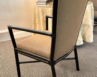 $600 each (2 available); 23" x 22" x 39"; McGuire collection arm chair with black rattan frame and upholstered seat and back (view of back)