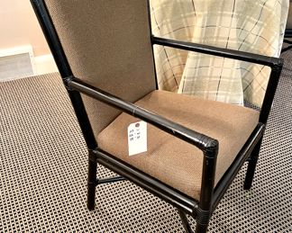$600 each (2 available); 23" x 22" x 39"; McGuire collection arm chair with black rattan frame and upholstered seat and back