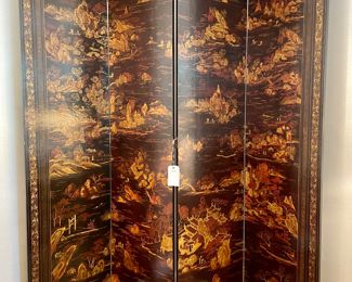 $1800; 80" x 85" (open); Chinoiserie, hand painted decorated 4-panel screen with exquisite detail; extremely heavy and solid.