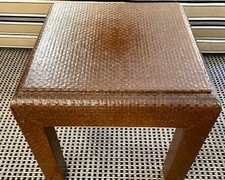 SOLD; 17.5" x 17.5" x 17"; mcm coffee table with woven pattern