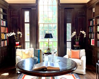 $2000; approx 6.5' x 8.5'; Rug #1; Amazing Kilim rug with a geometic flat weave with bold colors that is a true fusion of style--can be modern or classic, excellent condition.                                                                 $3200; 56"d x 30"h; stunning Michael Taylor Designs round table with cast stone base and distressed, high-gloss wood top