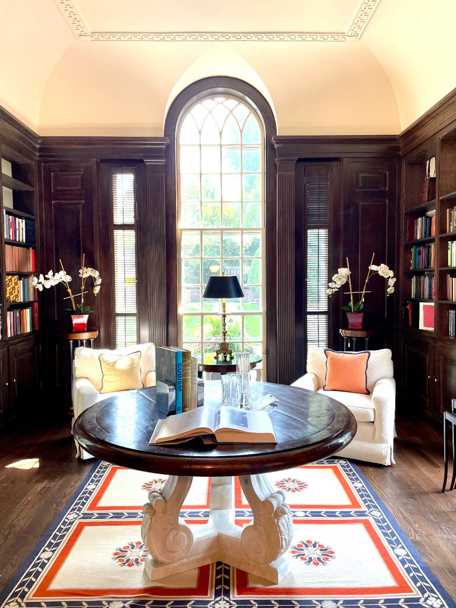 $2000; approx 6.5' x 8.5'; Rug #1; Amazing Kilim rug with a geometic flat weave with bold colors that is a true fusion of style--can be modern or classic, excellent condition.                                                                 $3200; 56"d x 30"h; stunning Michael Taylor Designs round table with cast stone base and distressed, high-gloss wood top