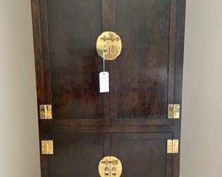 $1600; 35" x 21" x 69"; Chinoiserie Armoire with amazing brass hinges and latches, pull out media shelf and two adjustable shelves, beautiful wood grain pattern.