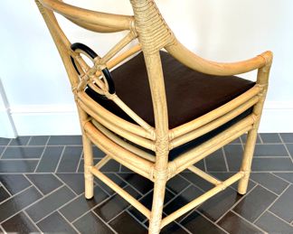 SOLD--24" x 18" x 36" each; McGuire organic vintage rattan, target back dining arm chair with black custom cushion