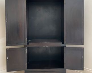 $1600; 35" x 21" x 69"; Chinoiserie Armoire with amazing brass hinges and latches, pull out media shelf and two adjustable shelves, all with beautiful wood grain pattern; inside view