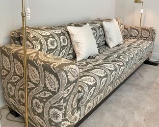 $1500; 93" x 31" x 29"; Dennis Miller New York "Paris" sofa; this sells for thousands online with its sleek lines and wonderful pattern, ours has some fading issues but is still beautiful with three detatched back cusions. Years of life left!                                                                                                         $200 each (2 available); adjustable brass floor lamps with domed shade and round base