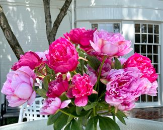 SOLD; 24"w x 20"h; artificial peony arrangement in glass bowl with epoxy "water" and rocks--very realistic