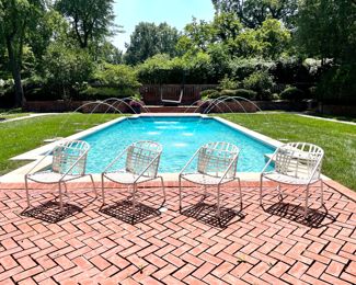 $250 each; 22" x 19" x 28"; 7 available; vintage Brown Jordan Kantan outdoor arm chairs in white