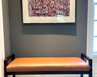 $2000. 37.25" x 29.5"; Michael Rubin original acrylic painting framed in brass. (Rubin #1)                                                         SOLD; 50" x 19" x 22"; McModern accent bench with chestnut leather and espresso wood frame