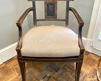 $1500/each. FOUR AVAIL!  22" x 23" x 35" each; pair of Michael Taylor Design Klismos arm chairs in fruitwood and ebony  with removable custom silk upholstered cushions, cane bottom; found online for much more:)