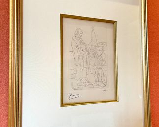 SOLD--17.75" x 22"; art: 7" x 9.75"; Pablo Picasso etching, signed lithograph "Two Old Men at the Seashore with a Shovel and a Small Boat" aka "Deux Vieillards et Voilier" (1934).Pricing available with conversation at 314-479-0730.     