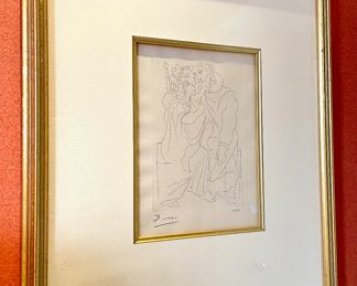 17.75" x 22"; art: 7" x 9.75"; Pablo Picasso original etching, signed lithograph "Lysistrata: Couple et Enfant" (1934). Pricing available with conversation at 314-479-0730.