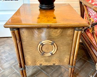 $300; 22" x 25" x 26"; burlwood and bamboo target-front side table