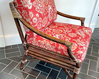 SOLD; 25" x 23" x 33";  McGuire target-back bamboo rattan arm chair with two sets of custom cushions (second set in chocolate base color and botanical print)