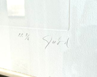 SOLD: 37" x 32"; Donald Judd, untitled, 1980, black abstract aquatint on paper; signed, 3/6 (close up of signature).Pricing available with conversation at 314-479-0730.