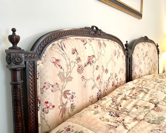 PRICED TO MOVE! $400; intricately carved one-piece King headboard with custom upholstery cushion and custom King coverlet both pale pink with botanical. Be prepared to hire your own muscle. This is located on the 2nd floor w/ a bend in the staircase.           $1000; Tempur Pedic King-sized, adjustable base, includes free mattress that may require spot cleaning