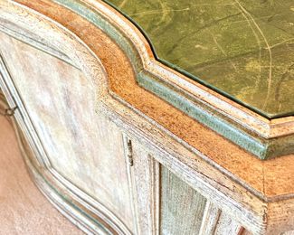 $1400; 84" x 21" x 36"; hand-crafted, distressed 4-door buffet, circa 1970's, in the style of Karges Custom Furnishings with multi-layered colors and a verdi green marble-look, HAND PAINTED inlay (close up view)