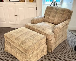 $800; 28" x 35" x 30" chair; 28" x 20" x 16" ottoman; custom upholstered club chair and ottoman. Nearly new! Colors are black, ivory and hints of taupe. 