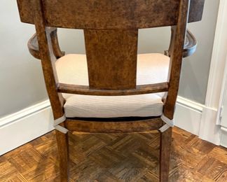 $1500/each. FOUR AVAIL!  22" x 23" x 35" each; pair of Michael Taylor Design Klismos arm chairs in fruitwood and ebony  with removable custom silk upholstered cushions, cane bottom; found online for much more:)