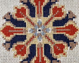 $2000; approx 6.5' x 8.5'; Rug #1; Amazing Kilim rug with a geometic flat weave with bold colors that is a true fusion of style--can be modern or classic, excellent condition; close up of weave pattern