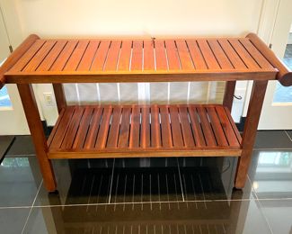 $4600; 60" x 24" x 33"; Teak table with shelf for Summit Furniture by Kipp Stewart