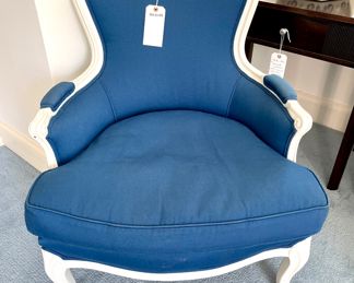 $600; 29" x 21" x 33"; custom upholstered Louis XV French provincial style chair with royal blue fabric and white wood trim