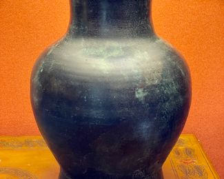 SOLD- 30"h; Maitland-Smith bronze lamp with patina (close up view)