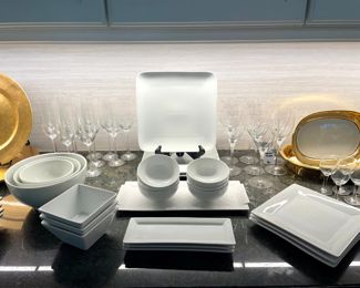 $10 each (many available); white Crate and Barrel serviceware.                                                                                                              $20; set of three white mixing bowls.                                                                   $50 each (2 each); Porcelaine de Paris vintage gold serving bowl