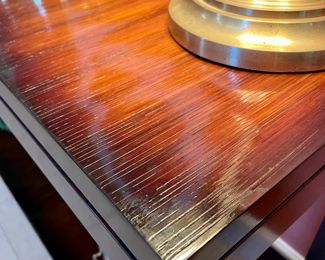 Detailed view of veneer on the Williams Sonoma console table