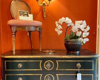 $2200 - Exquisite and unique! Black linen chest with gold trim and hardware, 3 locking full extension drawers with keys - 59x22x30