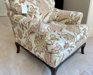 SOLD. Two Avail. - Custom upholstered arm chair in floral pattern and wood legs, down filled cushions - 30x30x31