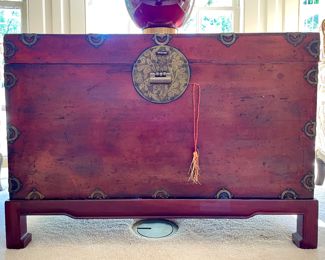 SOLD- 2 piece chinoiserie style worn red chest with brass accent and latch - 36x22x25
