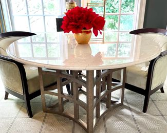 SOLD- Marble topped with lattice base table - 54x30; SOLD- Bernhardt contemporary leather armchair (4 available)- 26x29x30; $50 - brass pot with flowers
