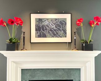 $150 - Pair of black candlesticks; $150 -Twig and Amaryllis; SOLD - 9/20 Signed lithograph of "Dark Crowd" by Lester Johnson circa 1970 "CP" seal verifying Collectors Press "EDS" seal marking Ernest DeSoto Printing - art: 30 x 18.5, frame 40 x 28.5