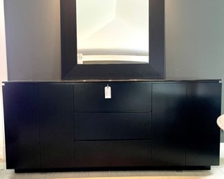 $2200 - Modern black lacquer premium wood veneer credenza with black speck stone topper, 2 soft closure doors and 3 drawers -88x16x39. Excellent craftsmanship; $1800 - Mirror/Large format, Modenature by Henri Becq black framed mirror - 48x48