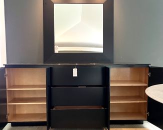 Detailed interior view of the black lacquer credenza