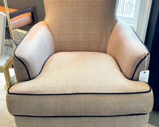 $600 - Custom modern gold and black twill versatile chair with a set back curve and black piping defining the unique shape of this beautiful chair by Frewil Designs - 31x33x35.5